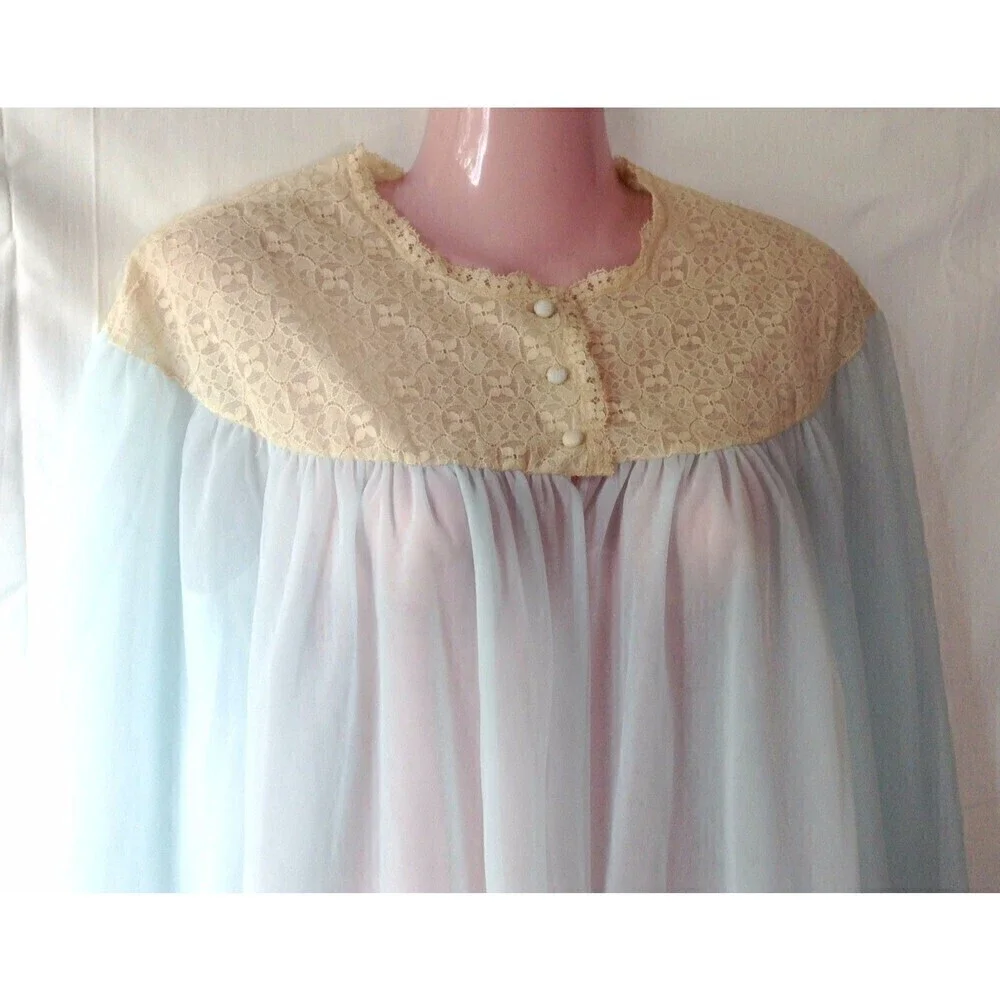 Vtg Vanity Fair Women's Robe Dressing Gown Small Sheer Blue Double Chiffon